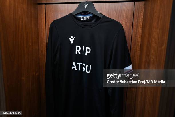 Details of shirt in memory of Christian Atsu in away dressing room during the Premier League match between Brentford FC and Crystal Palace at Gtech...