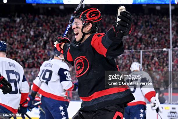 Jesperi Kotkaniemi of the Carolina Hurricanes reacts after scoring against the Washington Capitals during the first period in the 2023 Navy Federal...