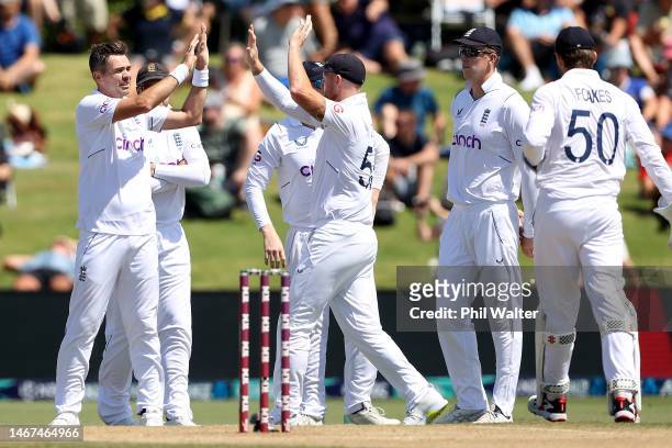 James Anderson of England celebrates his wicket of Neil Wagner of New Zealand during day four of the First Test match in the series between New...