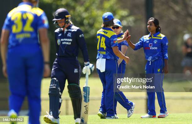 Janutal Sumona of the ACT celbrates a wicket during the WNCL match between ACT and Victoria at APC Solar Park, on February 19 in Canberra, Australia.