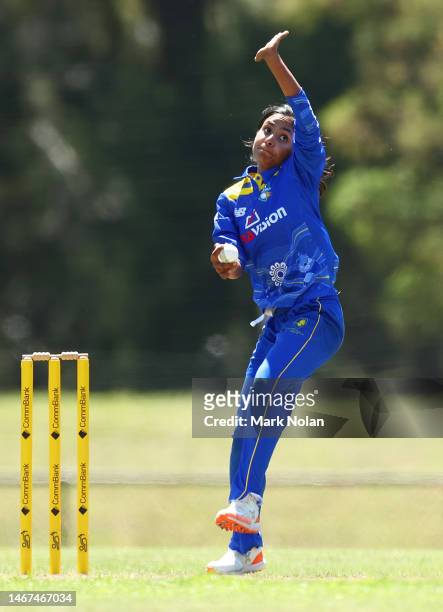 Janutal Sumona of the ACT bowls during the WNCL match between ACT and Victoria at APC Solar Park, on February 19 in Canberra, Australia.