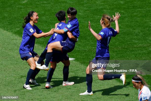 Lai Li-chin of Chinese Taipei celebrates with Hsu Yi-Yun after scoring a goal during the 2023 FIFA Women's World Cup Play Off Tournament match...