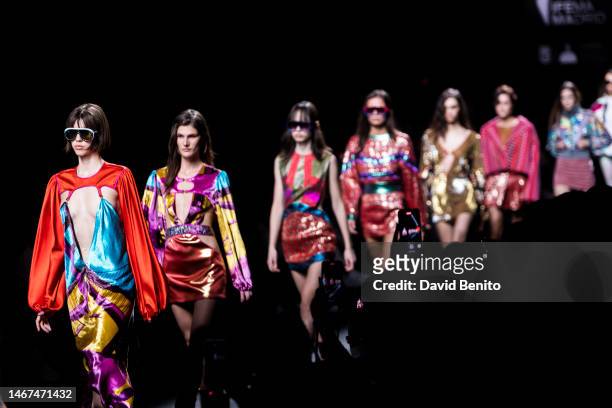 Model walks the runway at the Custo Barcelona fashion show during Mercedes Benz Fashion Week Madrid February 2023 edition at IFEMA on February 18,...