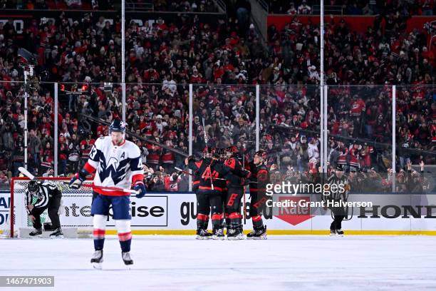 Paul Stastny of the Carolina Hurricanes celebrates with teammates after scoring a goal against the Washington Capitals during the second period in...