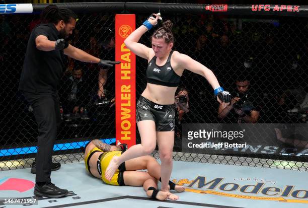 Erin Blanchfield reacts after her submission victory over Jessica Andrade of Brazil in a flyweight fight during the UFC Fight Night event at UFC APEX...
