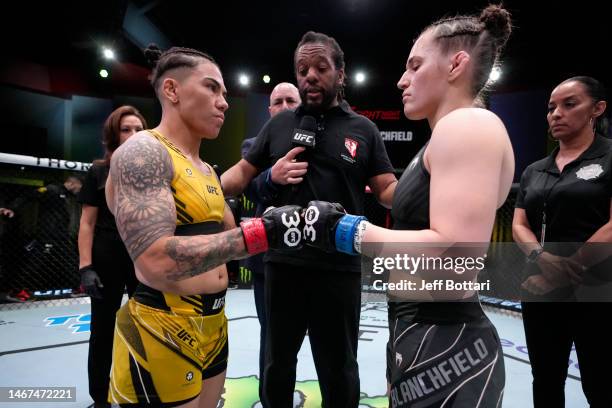 Opponents Jessica Andrade of Brazil and Erin Blanchfield faces off with prior to their flyweight fight during the UFC Fight Night event at UFC APEX...