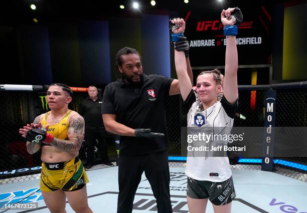 Erin Blanchfield reacts after her submission victory over Jessica Andrade of Brazil in a flyweight fight during the UFC Fight Night event at UFC APEX...