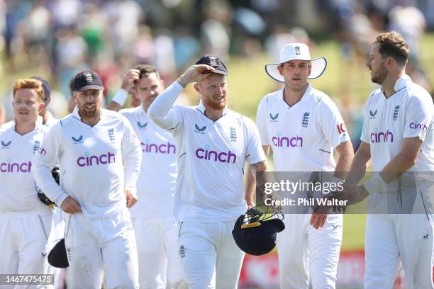 Ben Stokes of England leaves the field following day four of the First Test match in the series between New Zealand and England at Bay Oval on...