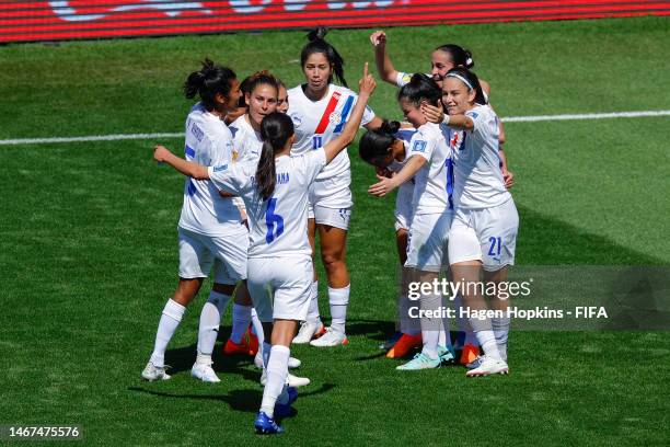 Lice Chamorro of Paraguay celebrates with teammates after scoring a goal during the 2023 FIFA Women's World Cup Play Off Tournament match between...