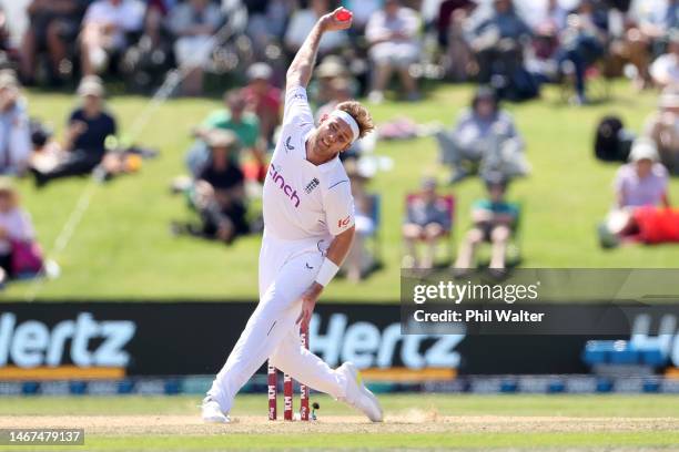 Stuart Broad of England bowls during day four of the First Test match in the series between New Zealand and England at Bay Oval on February 19, 2023...