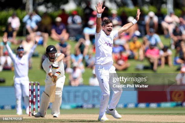 James Anderson of England successfully appeals for the LBW of Scott Kuggeleijn of New Zealand during day four of the First Test match in the series...