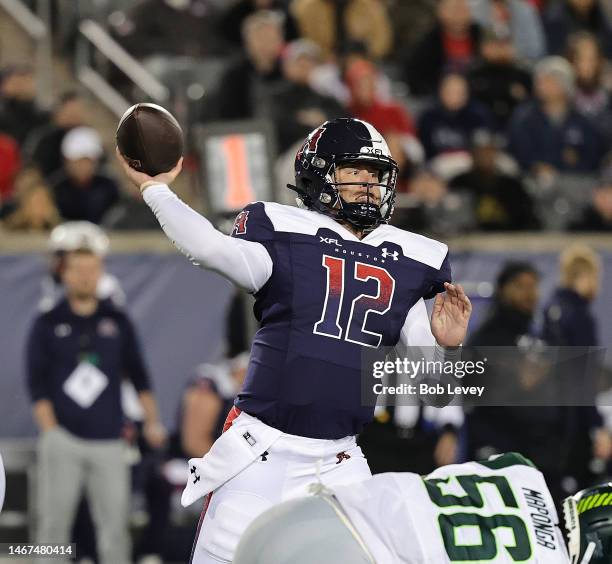 Brandon Silvers of Houston Roughnecks throws a pass against the Orlando Guardians in the first half at TDECU Stadium on February 18, 2023 in Houston,...