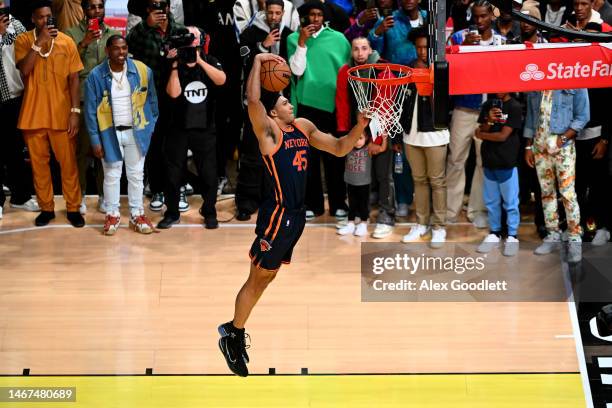 Jericho Sims of the New York Knicks dunks the ball in the 2023 NBA All Star AT&T Slam Dunk Contest at Vivint Arena on February 18, 2023 in Salt Lake...