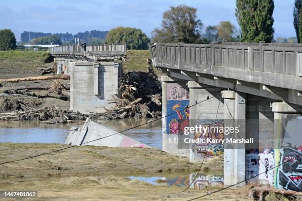 View of the damaged Brookfield's Bridge on February 19, 2023 in Napier, New Zealand. Cyclone Gabrielle has caused widespread destruction across New...