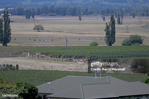 General view of flood damage in Korokipo Road on February 19, 2023 in Napier, New Zealand. Cyclone Gabrielle has caused widespread destruction across...