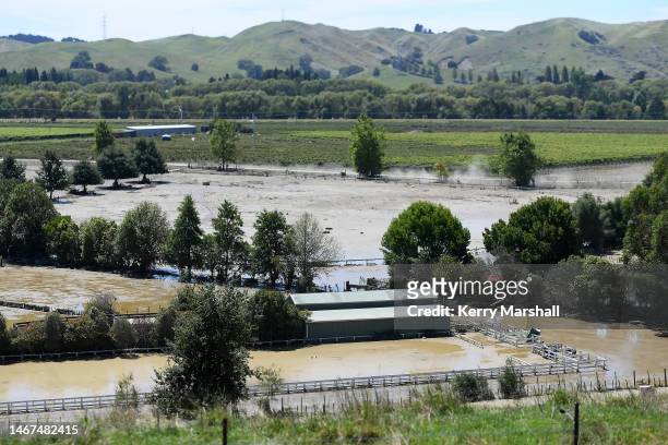 General view of flood damage in Omarunui Road on February 19, 2023 in Napier, New Zealand. Cyclone Gabrielle has caused widespread destruction across...