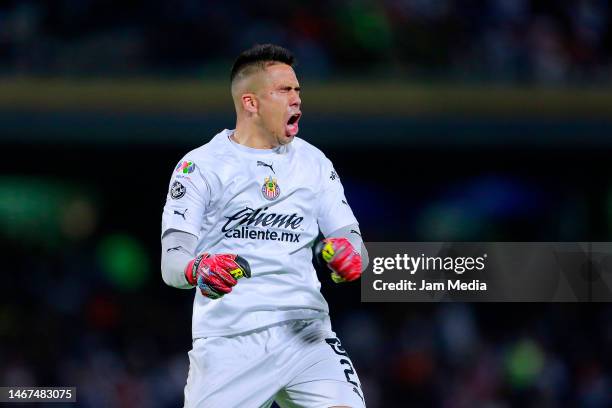 Miguel Jimenez, goalkeeper of Chivas celebrates the team's first goal during the 8th round match between Pumas UNAM and Chivas as part of the Torneo...