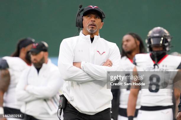 Head coach Rod Woodson of the Vegas Vipers looks on during the second half against the Arlington Renegades at Choctaw Stadium on February 18, 2023 in...