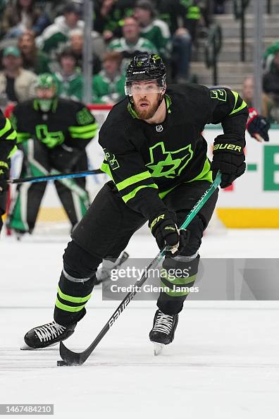 Jani Rak Jani Hakanpaa of the Dallas Stars handles the puck against the... News ...
