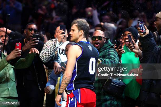 Mac McClung of the Philadelphia 76ers celebrates after winning the 2023 NBA All Star AT&T Slam Dunk Contest at Vivint Arena on February 18, 2023 in...