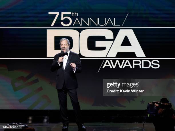 Host Judd Apatow speaks onstage during the 75th Directors Guild of America Awards at The Beverly Hilton on February 18, 2023 in Beverly Hills,...