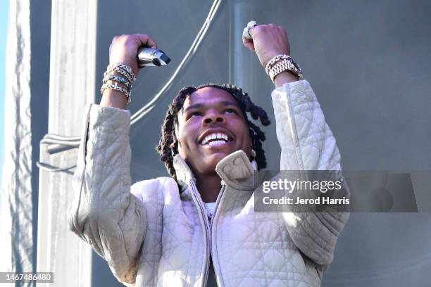 Lil Baby performs onstage during Poguelandia: An Outer Banks Experience on February 18, 2023 in Huntington Beach, California.
