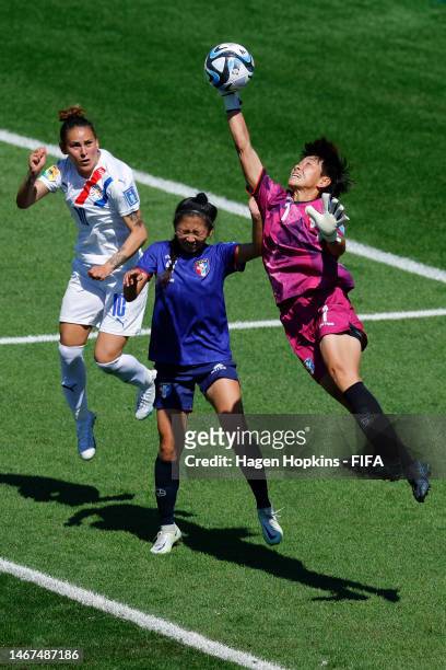 Tsai Ming-Jung of Chinese Taipei makes a save over Jessica Martínez of Paraguay and Chang Chi-Lan of Chinese Taipei during the 2023 FIFA Women's...