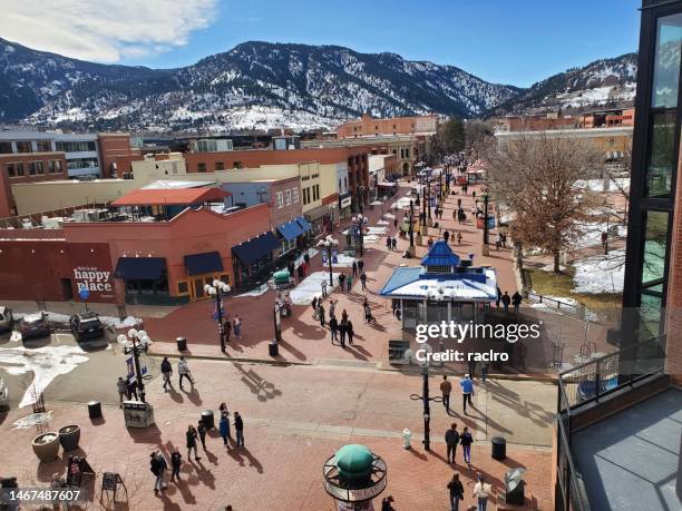 boulder, colorado's pearl street downtown walking mall seen from above, with a nice crowd on a winter day. - boulder colorado stock pictures, royalty-free photos & images
