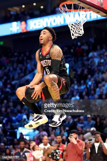 Kenyon Martin Jr. #6 of the Houston Rockets attempts a dunk in the 2023 NBA All Star AT&T Slam Dunk Contest at Vivint Arena on February 18, 2023 in...