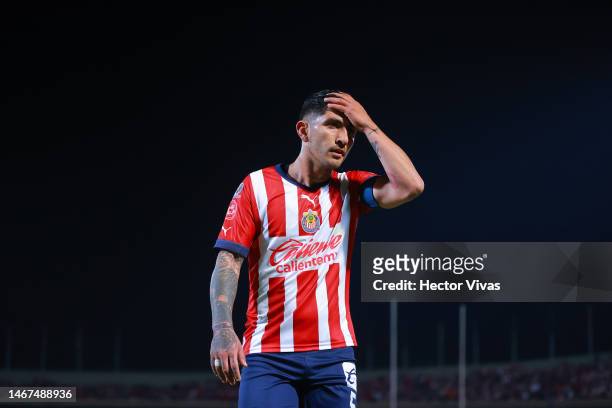 Victor Guzman of Chivas reacts during the 8th round match between Pumas UNAM and Chivas as part of the Torneo Clausura 2023 Liga MX at Olimpico...