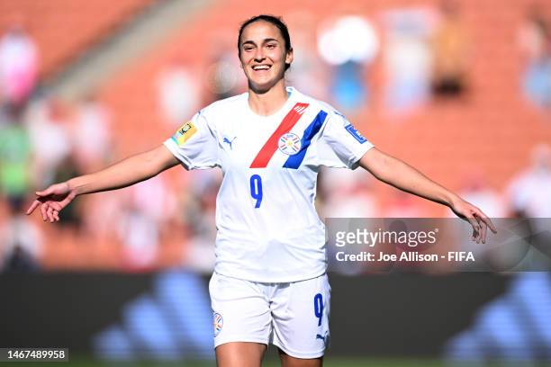 Lice Chamorro of Paraguay celebrates victory during the 2023 FIFA Women's World Cup Play Off Tournament match between Chinese Taipei and Paraguay at...