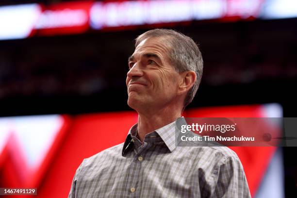 Former professional basketball player John Stockton looks on during the 2023 NBA All Star Starry 3-Point Contest at Vivint Arena on February 18, 2023...