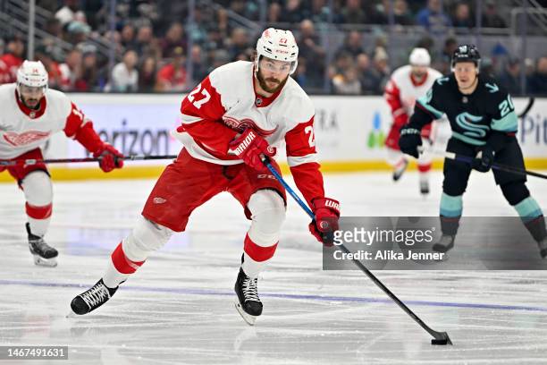 Michael Rasmussen of the Detroit Red Wings in action during the first period against the Seattle Kraken at Climate Pledge Arena on February 18, 2023...