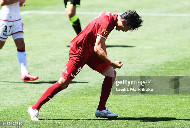 Hiroshi Ibusuki of Adelaide United celebrates after scoring his teams first goal from a penalty during the round 17 A-League Men's match between...