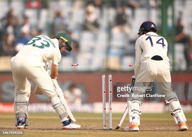 Marnus Labuschagne of Australia is bowled by Ravindra Jadeja of India during day three of the Second Test match in the series between India and...