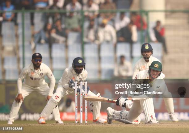 Matthew Renshaw of Australia is out LBW to Ravichandran Ashwin of India during day three of the Second Test match in the series between India and...