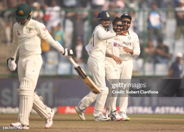 Ravindra Jadeja of India celebrates taking the wicket of Peter Handscomb of Australia during day three of the Second Test match in the series between...