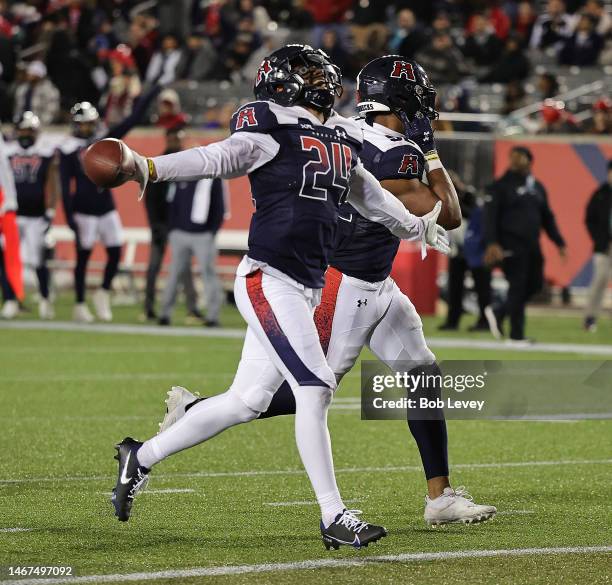 Alexander Myres of Houston Roughnecks celebrates after recovering a fumble against the Orlando Guardians in the second half at TDECU Stadium on...