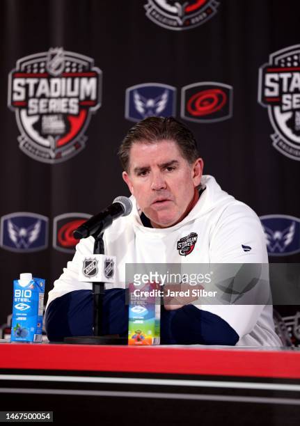 Head coach Peter Laviolette of the Washington Capitals attends a postgame press conference after the 2023 Navy Federal Credit Union NHL Stadium...