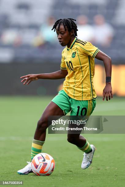 Jody Brown of Jamaica controls the ball during the 2023 Cup of Nations Match between Jamaica and Czechia at CommBank Stadium on February 19, 2023 in...
