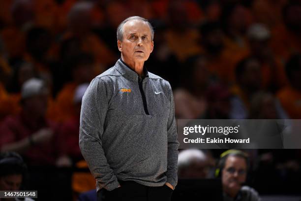 Head coach Rick Barnes of the Tennessee Volunteers stands on the sidelines against the Alabama Crimson Tide in the first half at Thompson-Boling...