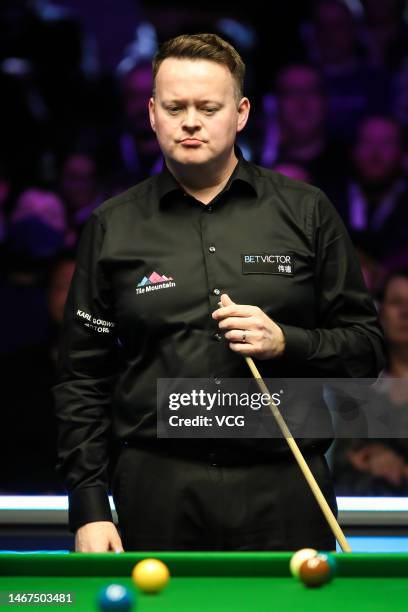 Shaun Murphy of England reacts in the semi-final match against Pang Junxu of China on day six of 2023 Betvictor Welsh Open at Venue Cymru on February...