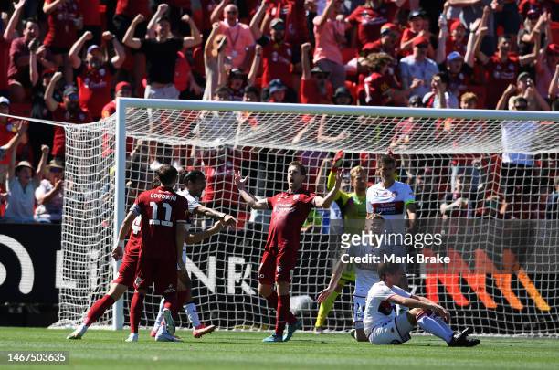 Ryan Kitto of Adelaide United celebrates after scoring his teams fourth goal during the round 17 A-League Men's match between Adelaide United and...