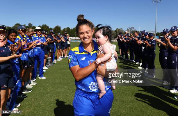 Angela Reakes of the ACT walks from the field in her final game after the WNCL match between ACT and Victoria at APC Solar Park, on February 19 in...
