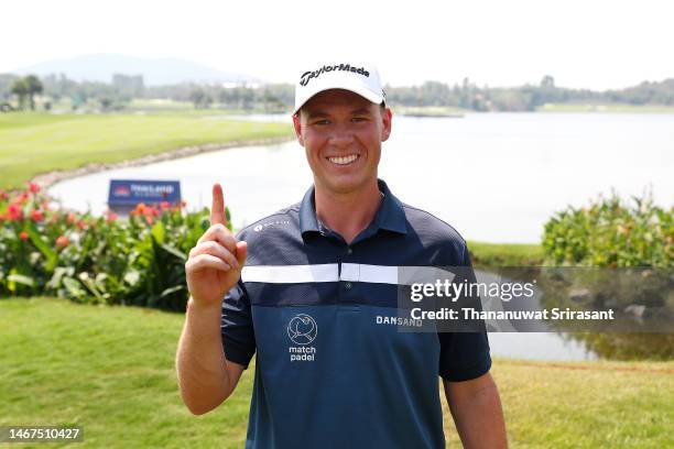 Oliver Hundeboll of Denmark celebrates after their Hole-In-One on the 13th hole during Day Four of the Thailand Classic at Amata Spring Country Club...