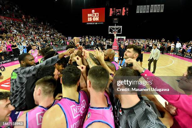 The Breakers celebrate after winning game three of the NBL Semi Final series match between New Zealand Breakers and the Tasmania Jackjumpers at Spark...