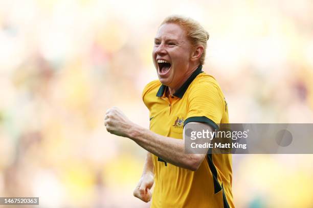 Clare Polkinghorne of Australia celebrates scoring a goal during the 2023 Cup of Nations Match between Australian Matildas and Spain at CommBank...