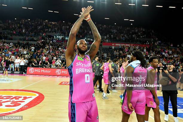 Dererk Pardon of the Breakers celebrates winning during game three of the NBL Semi Final series match between New Zealand Breakers and the Tasmania...