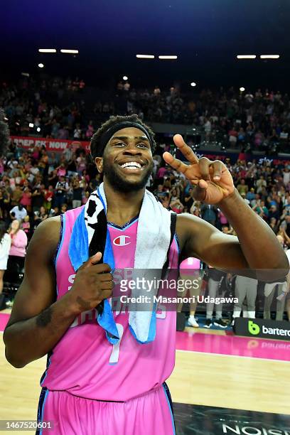 Jarrell Brantley of the Breakers celebrates winning during game three of the NBL Semi Final series match between New Zealand Breakers and the...