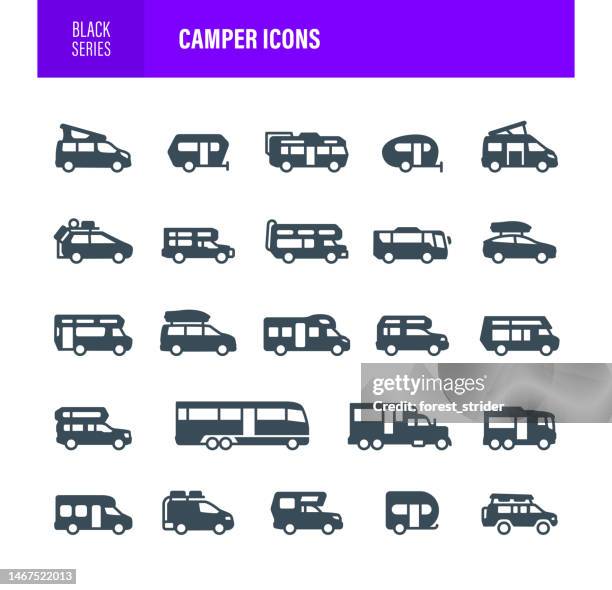 camper icons black silhouetten - truck pulling trailer stock-grafiken, -clipart, -cartoons und -symbole